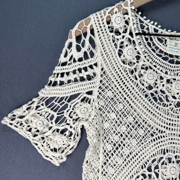 SOLITAIRE Boho Lace Pattern Cream Crochet Blouse | Summer Swim Coverup Size Med - Picture 4 of 8